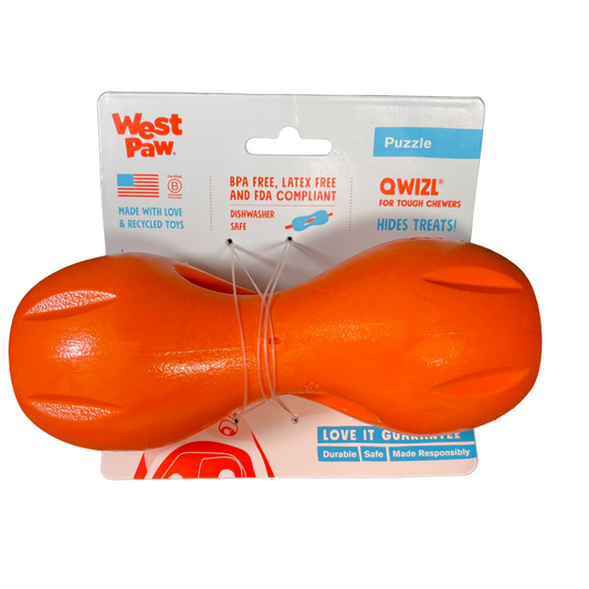 West Paw Zogoflex Qwizl Dog Puzzle Treat Toy Interactive Chew Toy for Dogs Size Large 6.5 Inches And Color Tangerine