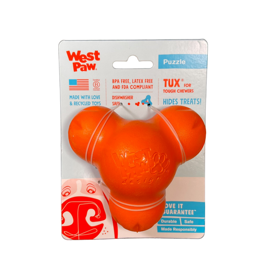 West Paw Zogoflex Tux Interactive Treat Dispensing Dog Chew Toy Size Small And Color Tangerine